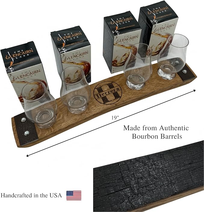 Personalized Premium 4 glass whiskey flight/engraved center/personalized gift/Crystal glass option/Natural oak color (Circle Split letter Monogram)