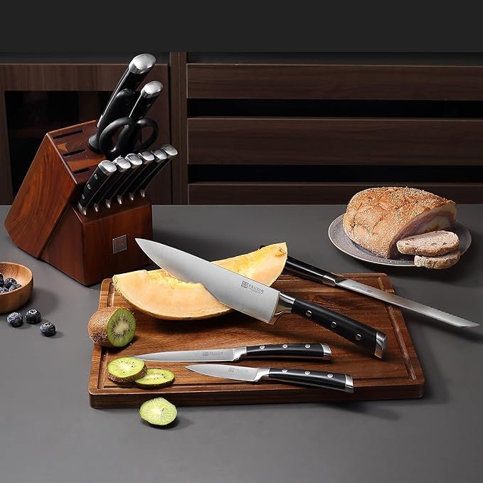 PAUDIN Knife Block Set, 15 Pieces Knife Set with Block, High Carbon Stainless Steel Kitchen Knife Set with Sharpener, Knives Set for Kitchen with Full Tang Triple Rivet Handle