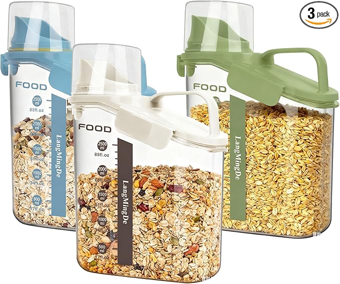 3 Pieces Cereal Containers Storage, 51fl.oz/1.5L Compact Crystal Clear Dry Food Storage Containers with Pouring Spout Measuring Cup for Rice Nuts Beans Pet Food Snacks Candies, 3PCS
