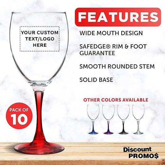 Custom Nuance Wine Glasses by ARC 10.5 oz. Set of 10, Personalized Bulk Pack - Restaurant Glassware, Perfect for Red Wine, White Wine, Cocktails - Red