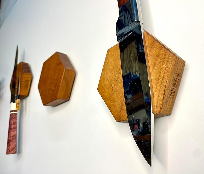 360KnifeBlock magnetic knife HEX - Guitar Wood - 2 Rows of Magnets, 'magic floating backer' 3 sizes from 5" to 26" - handmade in Washington (Guitar Wood, 5" Hexagon)