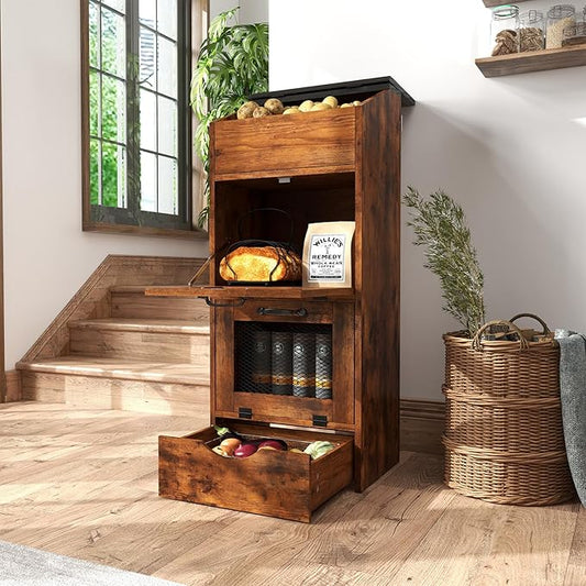 Verano Garden Potato Storage Bin, Wood Bread Box with Lid, Farmhouse Potato and Onion Storage Bin with Mesh Doors, Fruit and Vegetable Storage Rack with Removable Drawer (Rustic Brown, 16.0")