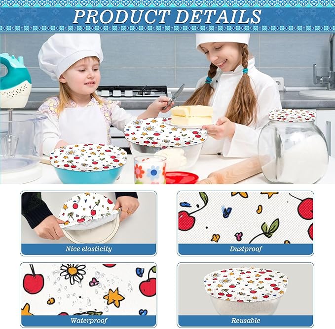 5 Pcs Bowl Covers Reusable in 5 Size Elastic Food Cover Cloth Lids Fresh Keeping Dish Cookware Bakeware Fabric Covers Lids for Food Leftovers Fruits Storage Cherry Stars Flower