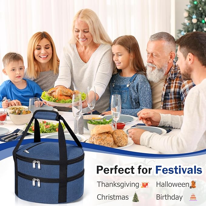 Round Double Insulated Casserole Carrier, Pie Carrier Bag, Portable Casserole Carrier for Hot or Cold Food Lunch Tote, Lunch Bag for Parties Picnic, Fits 12.5" Baking Dish, Navy Blue