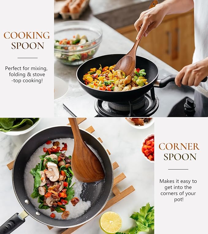 2Pcs Wooden Spoons for Cooking, Natural Premium Teak Wood Spoon & Corner Spoon, Good Grip Large Cooking Spoons Spatula, Heat Resistant Wooden Kitchen Cooking Utensils Set for Nonstick Cookware