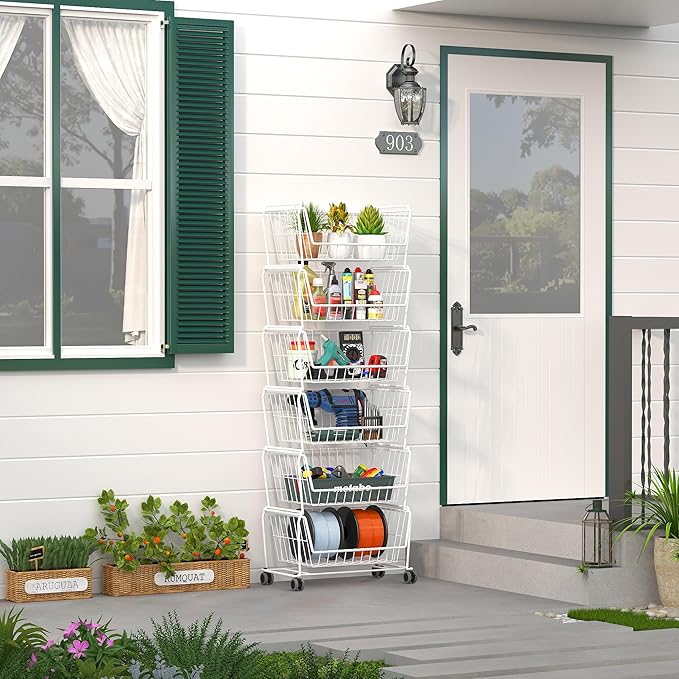 PUSDON Stackable Metal Storage Carts, Dual Use Shelf for Kitchen Fruit Vegetable Baskets with Wheels, Storage Rack for Living Room, Home & Office, Standard White 6 Tiers
