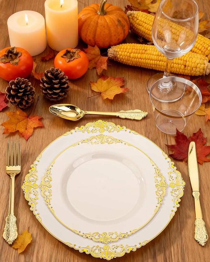 Nervure 350PCS Ivory Plastic Plates - Ivory Gold Plastic Dinnerware Sets for 50 Guests - 100 Gold Disposable Plates, 50 Pre Rolled Silverware Sets, 50 Cups Perfect for Wedding & Thanksgiving