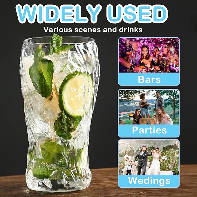 Tall Beer Glasses, Set of 8 Hammered Glass Cups, highball glasses, 17oz Tumbler Drinking Glass Set, Cocktail Drinking Glasses, Water Cups, Bar Glassware, Juice, Iced Tea, Margarita