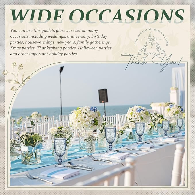 6 Pcs Plastic Goblets 7.5oz Vintage Goblet Plastic Wine Glasses Colored Retro Embossed Water Goblets for Wine Bar Juice Baby Shower Wedding Reception Grand Event Party (Blue)