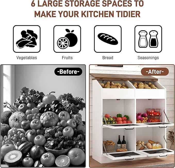 Large Wood Veggie Bin for Potato,Bread,Onion With 6 Large Storage Space. Root Vegetable Storage Box For Kitchen, Farmhouse Wood Potato Box With 4 Mesh Doors,32 * 12.4 * 36 INCH(White)