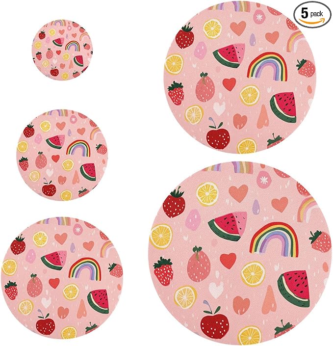 5 Pcs Bowl Covers Reusable in 5 Size Elastic Food Cover Cloth Lids Fresh Keeping Dish Cookware Bakeware Fabric Covers Lids for Food Leftovers Fruits Storage Pink Rainbows and Fruits Slices