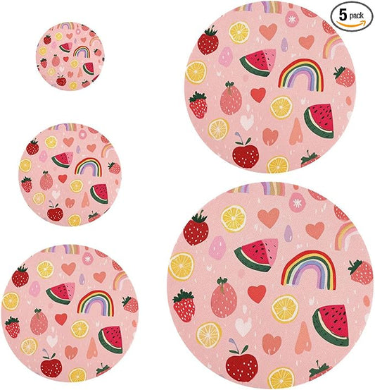 5 Pcs Bowl Covers Reusable in 5 Size Elastic Food Cover Cloth Lids Fresh Keeping Dish Cookware Bakeware Fabric Covers Lids for Food Leftovers Fruits Storage Pink Rainbows and Fruits Slices