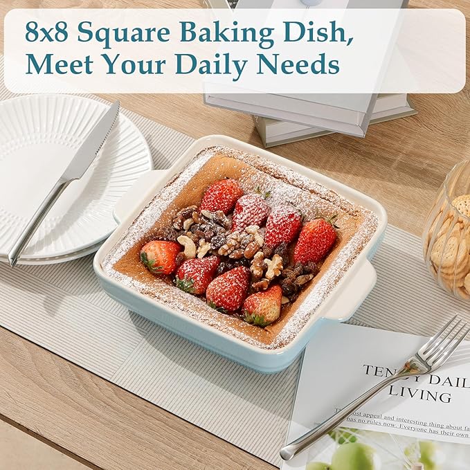 NUTRIUPS 8x8x2.4 inch Square Baking Dish, 50 Oz /1.6 Qt Ceramic Baking Pan with Handles, Casserole Dish for Oven, Porcelain Bakeware (Gradient Blue)