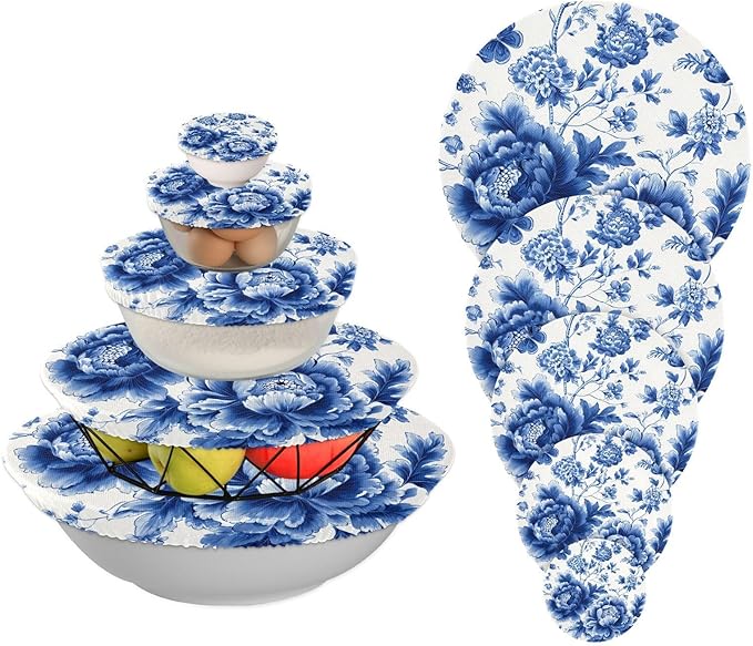 5 Pcs Bowl Covers Reusable in 5 Size Elastic Food Cover Cloth Lids Fresh Keeping Dish Cookware Bakeware Fabric Covers Lids for Food Leftovers Fruits Storage Blue and White Peony Flowers But