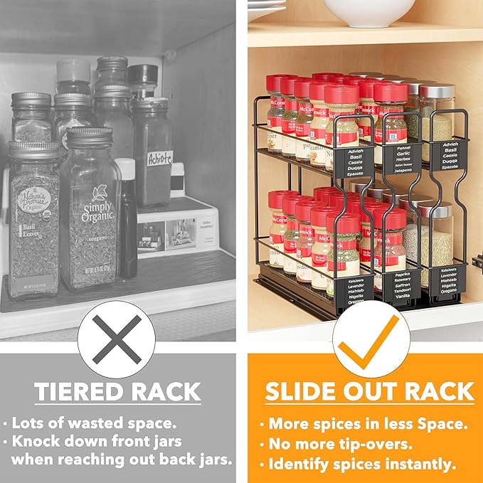 SpaceAid Pull Out Spice Rack Organizer for Cabinet, Heavy Duty Slide Out Seasoning Kitchen Organizer, Cabinet Organizer, with Labels, 7.7" W x10.75 D x10 H, 3 Drawers 2-Tier