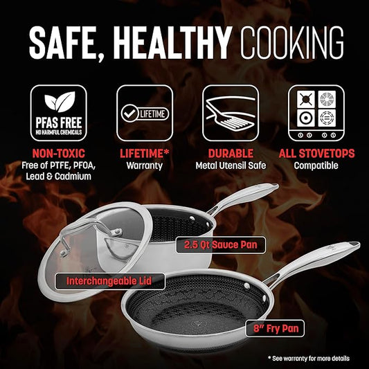 Hell's Kitchen Hybrid 3 Piece Set, 8-inch Frying Pan, 2.5 Qt Saucepan and Tempered Glass Lids, Tri-Clad Stainless Steel and PFAS-Free Ceramic Nonstick, Metal Utensil Safe, All Cooktops, Oven Safe
