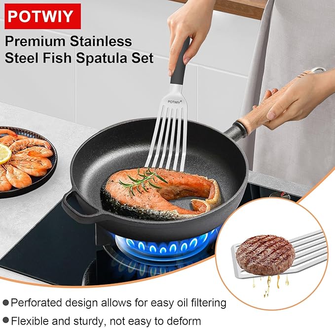 Stainless Steel Fish Spatula, Metal Fish Turner with Silicone Handle, Kitchen Slotted Spatula for Cast Iron Skillet Cooking and Grilling, Beveled Edge and Curved Blade, 13.5 Inch