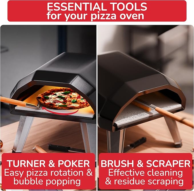 Pizza Oven & Stone Brush with Scraper, Turning Fork & Bubble Popper Bundle - Essential Accessories & Tools for Any Pizza Oven