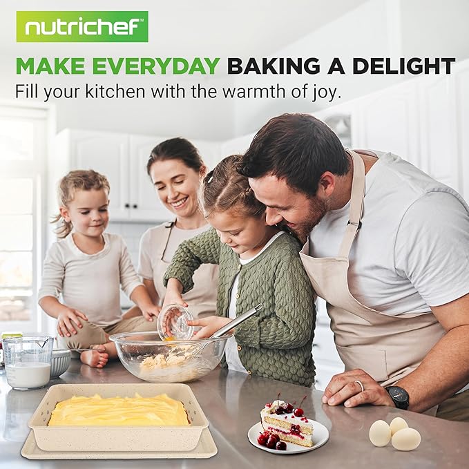 NutriChef 8-Piece Stackable Bakeware Set - Carbon Steel Non-Stick Baking Pan Set, Sheet, Muffin, Round, Loaf, Square Cake & Deep Pans, 450°F Heat Resistant, Standard & Convection Ovens (Marble Cream)