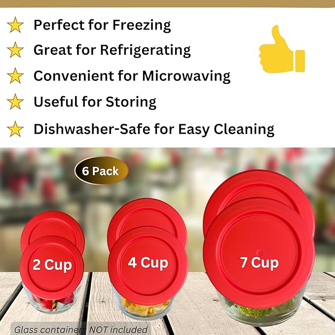 2, 4 & 7 Cup Red Replacement Lids/Covers for Pyrex, Anchor Hocking & KlareWare Storage Bowls *Lids Only Glass Container Not Included* (6 Pack *Two of Each Size*)