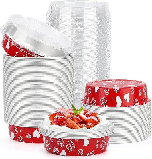 Beasea Mini Pie Pans with Lids Disposable, Set of 100 Pack 4” 8oz Red Aluminum Baking Foil Tins Small Round Tart Container for Individual Cupcake Cheesecake Ramekin Dessert Muffin Quiche Oven Dishes