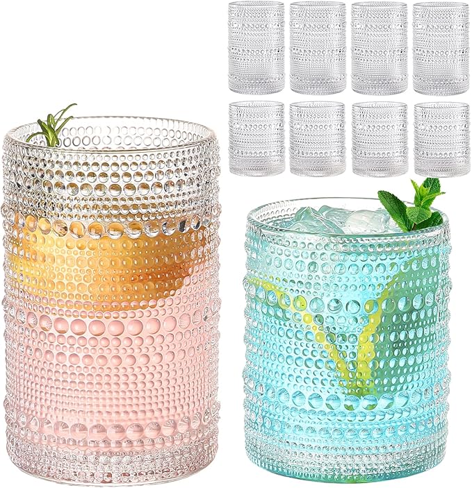Vintage Hobnail Drinking Glasses Set of 8,Clear 12 oz & 15oz Highball Glass Cups, Kitchen Drinkware Glassware,Embossed Water Tumbler,for Beer,Cocktail,Whiskey,Juice and Various Mixed Drinks