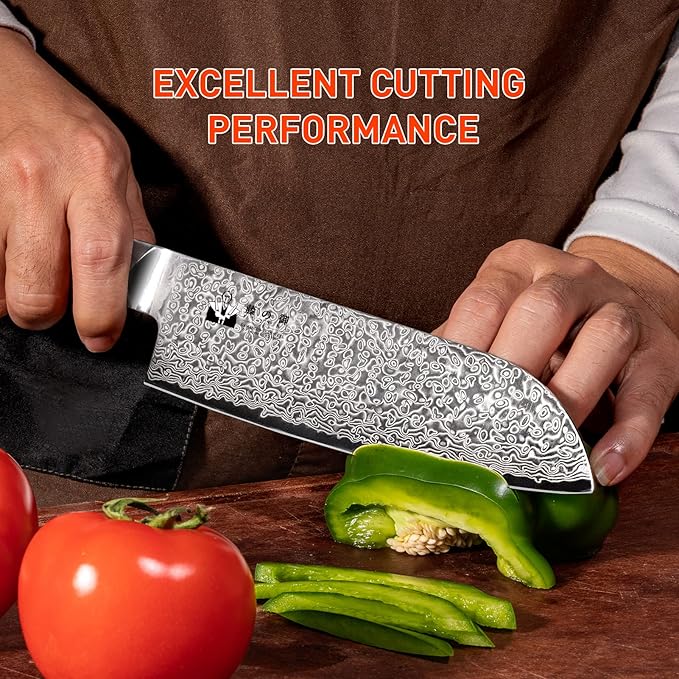 Santoku Knife 7-inch VG-10 Cutting Core 67-Layer Damascus Professional Kitchen Knife Chef’s Knife with Natural Wood Hexagon Handle and Exquisite Box