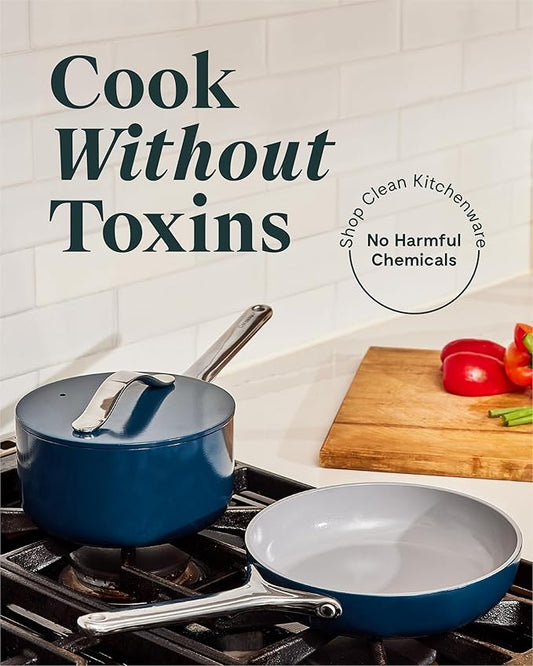 Caraway Mini Cookware Set - Non-Stick Ceramic Fry Pan (1.05 qt, 8") Sauce Pan (1.75 qt) & Storage Rack - Non Toxic, PTFE & PFOA Free - Oven Safe & Stovetop Agnostic (Gas, Electric & Induction) - Cream