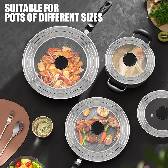 Universal Lid for Pots, Pans and Skillets, Fits 6.5, 7 and 8 Inch Cookware, Replacement Frying Pan Cover with Tempered Glass Top, Stainless Steel Cast Iron Skillet Lids - Heat Resistant Handle