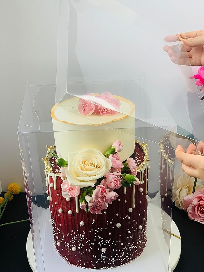 Sweet Degrees Clear Plastic Cake Boxes 10"x10"x12" – 2 Pack | Ribbon Included |Tall Square Cake Containers with Lids | Reusable Dessert Boxes for Birthday Cakes, Storage & Delivery