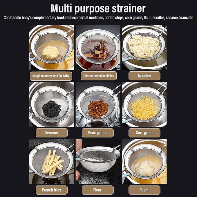 60 Mesh Fine Colander, Strainer Stainless Steel Handheld Flour Colander with Long Handle, Handheld Flour Sifter for Kitchen(14cm)