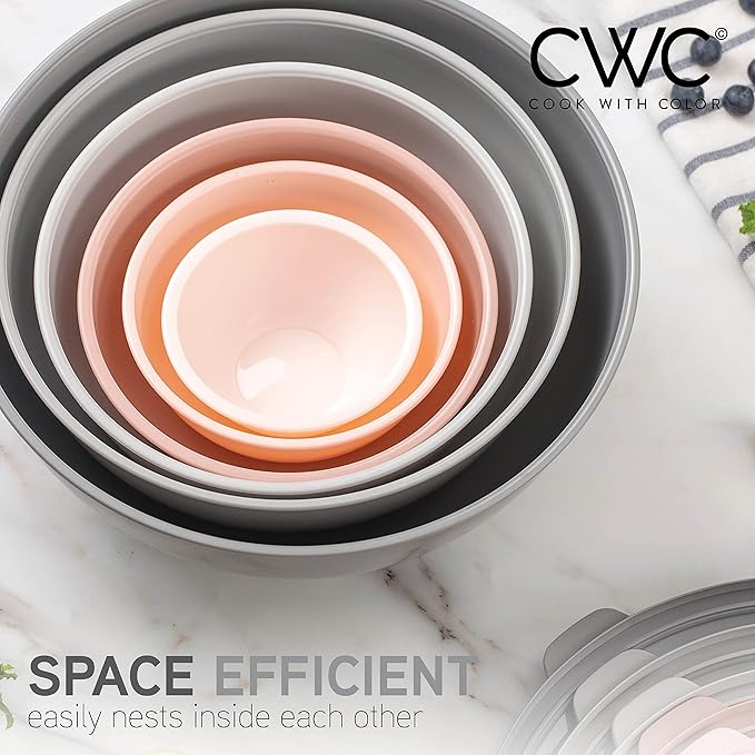 COOK WITH COLOR Mixing Bowls with TPR Lids - 12 Piece Plastic Nesting Bowls Set includes 6 Prep Bowls and 6 Lids, Microwave Safe Mixing Bowl Set (Pink Ombre)