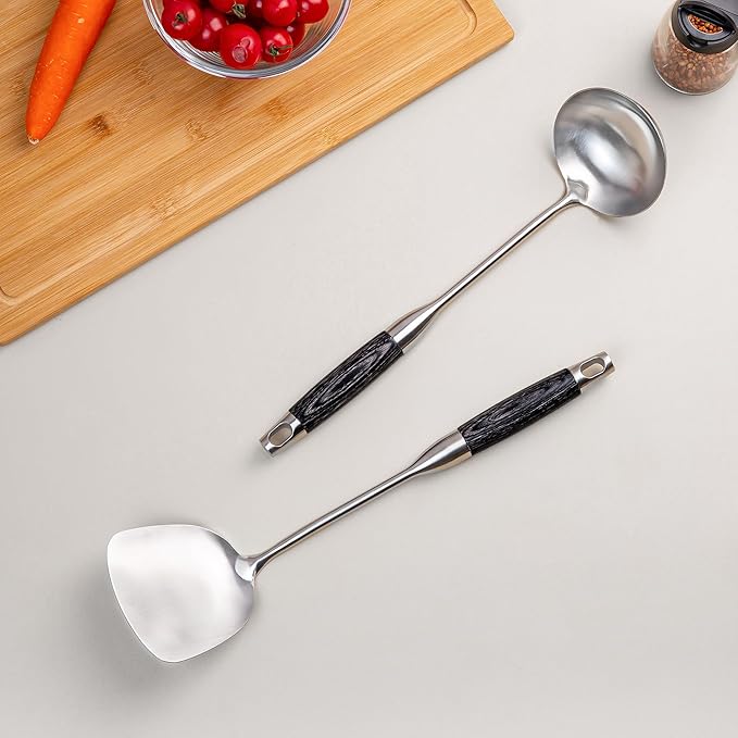 FJNATINH Wok Spatula and Ladle Set - Wok Utensil - Wok Tools - Ebony Wooden Handle Stainless Steel Cooking Utensils Wok Accessories Kitchenware Set of 2