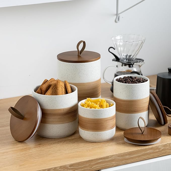 Coffee Container Jar with Lid, Ceramic Kitchen Food Storage Jars for Spice Sugar Cookie, Stackable Decorative Jars for Coffee Bar, White & 28 fl.oz