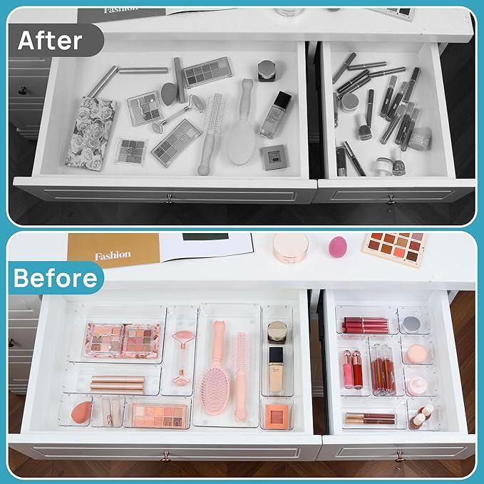 Vtopmart 88PCS Clear Plastic Drawer Organizers Set, 5-Size Versatile Bathroom Drawer Organizer Trays, Storage Bins for Makeup, Vanity, Kitchen Gadgets Utensils and Office