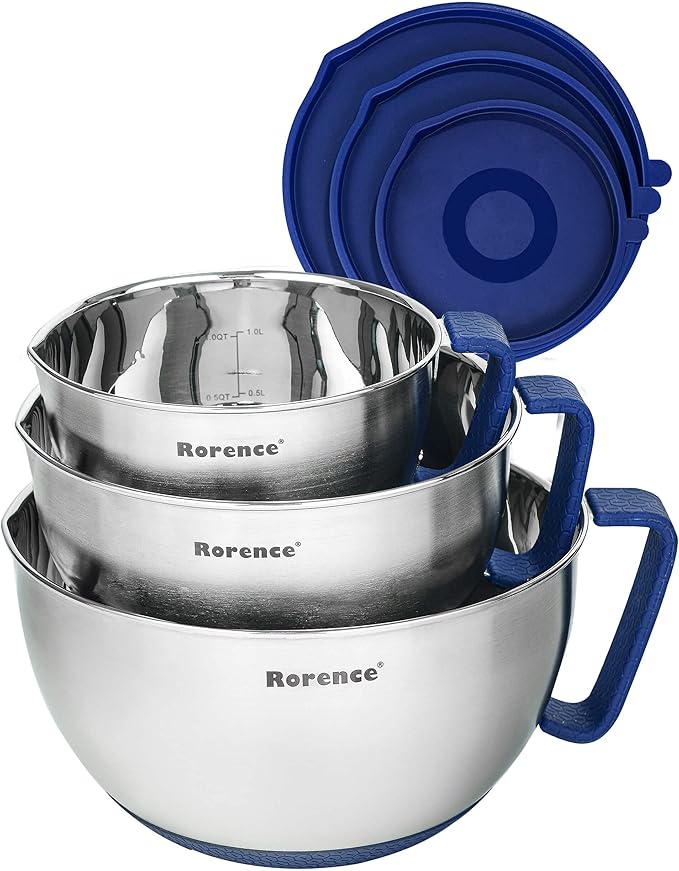 Rorence Mixing Bowls Set: Stainless Steel Non-Slip Bowls with Pour Spout, Handle and Lid - Set of 3 - Blue