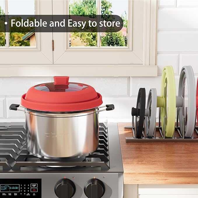 Microwave Splatter Cover, Vented Silicone and Glass Cover Splatter Guard Lid, Food Collapsible Plate Cover Lid with Easy Grip Handle. (Red, 11.8 inch)