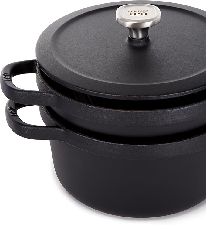 BergHOFF Graphite 3Pc Enameled Cast Iron Cookware Set With Self-basting Universal Lid, Induction Pots and Pans, Oven-to-Table Cookware, For Slow Cooking