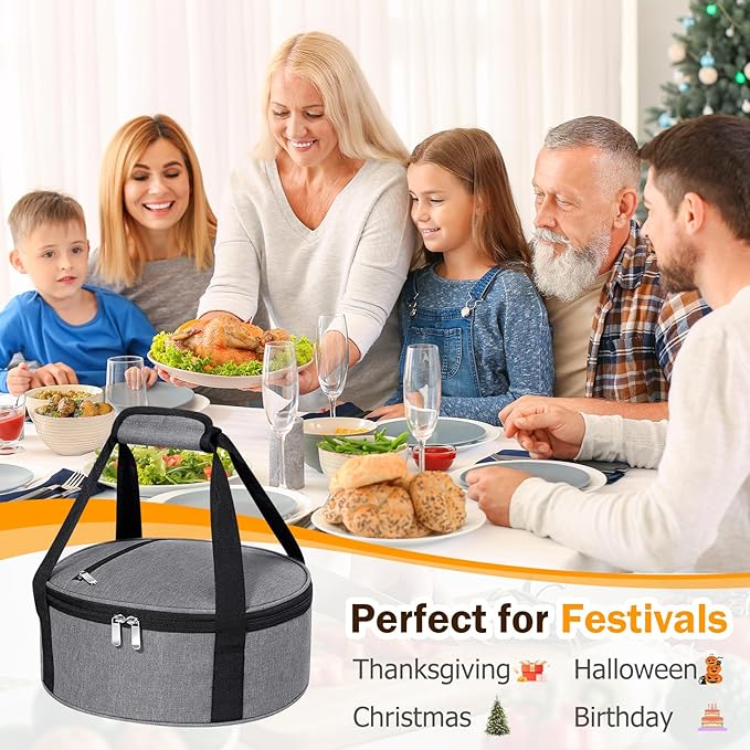 Round Insulated Casserole Carrier, Pie Carrier Bag, Portable Casserole Carrier for Hot or Cold Food Lunch Tote, Lunch Bag for Parties Picnic, Fits 12.5" Baking Dish, Grey