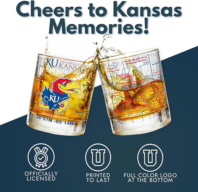 Greenline Goods – University of Kansas Jayhawks College Whiskey Glasses (Set of 2), 10 oz – Full-Color Logo + Campus Map