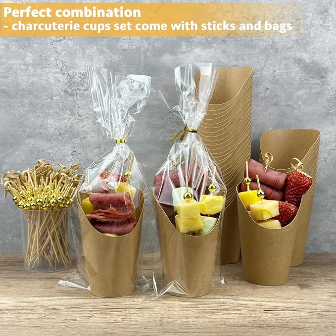 CAMKYDE 50 Sets Disposable Charcuterie Cups with Sticks and Bags, 12 oz Brown Kraft Paper Snack Appetizers Cup French Fry Holder with Cocktail Picks Toothpicks (50 Cups+50 Bags+200 Sticks)