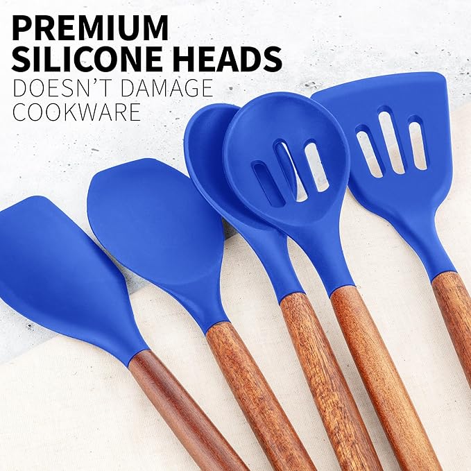 Zulay Kitchen Non-Stick Silicone Cooking Utensils Set with Acacia Wood Handles - 5 Piece Set - Heat Resistant to 464F - Dark Blue