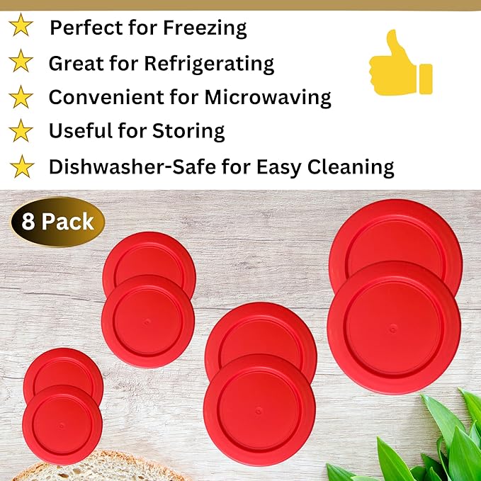 1, 2, 4 & 7 Cup Red Replacement Lids/Covers for Pyrex, Anchor Hocking & KlareWare Storage Bowls *Lids Only Glass Container Not Included* (8 Pack *Two of Each Size*)