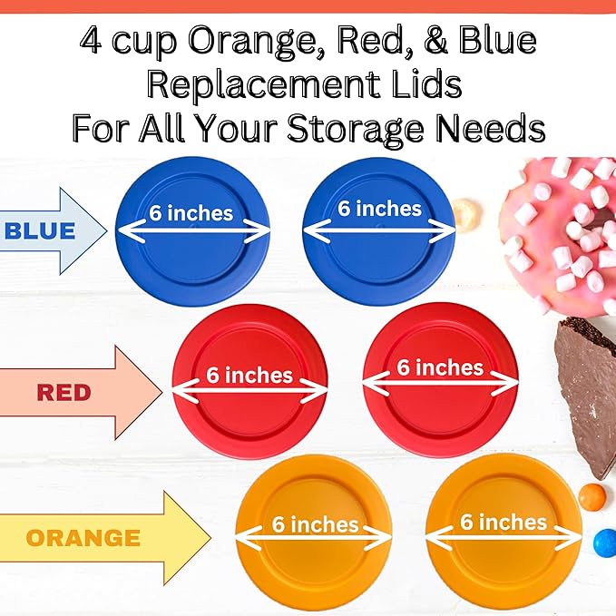 4 Cup/950 mL Orange, Red, Blue Replacement Lids/Covers for Pyrex 7201-PC, 4 Cup/32oz Anchor Hocking & Klare Ware Storage Bowls *Lids Only* - *Glass Container Not Included* (6 Pack, Orange, Red, Blue)