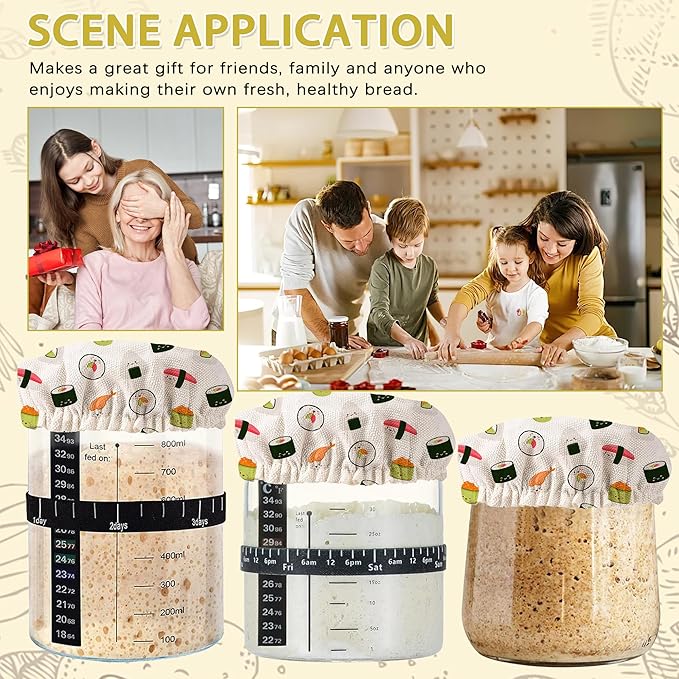 Sourdough Starter Jar Covers,5-Pack Reusable Japaness Sushi Cute Cloth Lids for 3-4 Inch Jars,Ideal for Kombucha Kefir or Cheese Fermentation