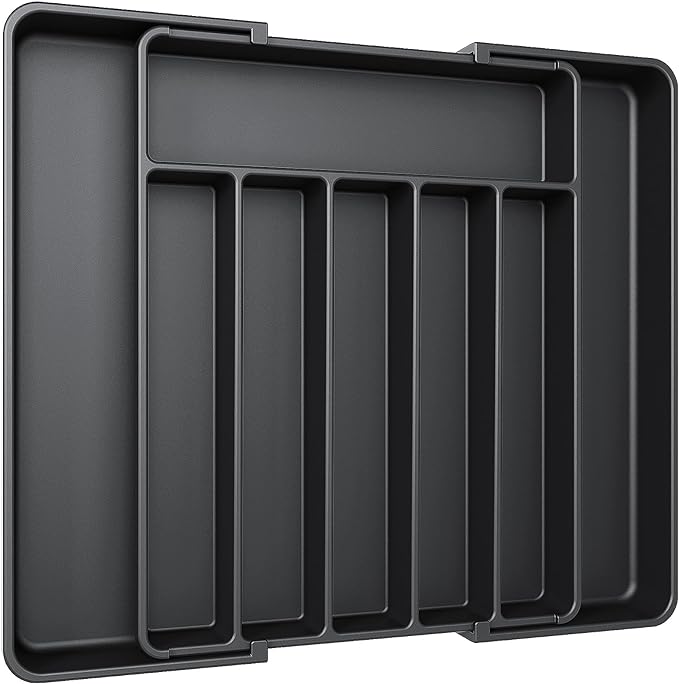 Aujen Silverware Organizer - Expandable Kitchen Drawer Organizer, Adjustable Utensil Organizer, Cutlery Tray for Forks, Knives, Multipurpose Kitchen Organizers and Storage Solution, Black, Large