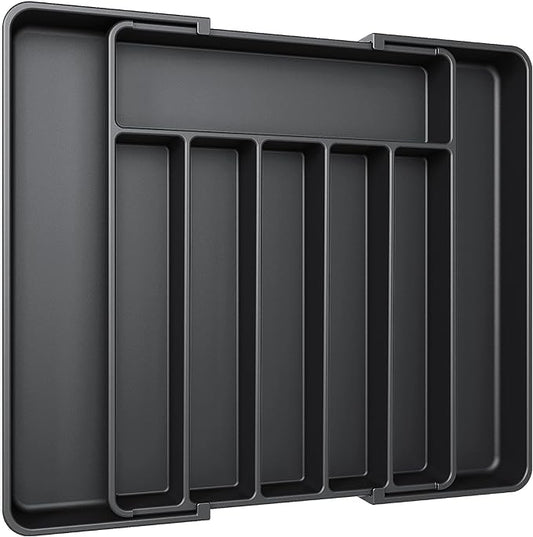 Aujen Silverware Organizer - Expandable Kitchen Drawer Organizer, Adjustable Utensil Organizer, Cutlery Tray for Forks, Knives, Multipurpose Kitchen Organizers and Storage Solution, Black, Large