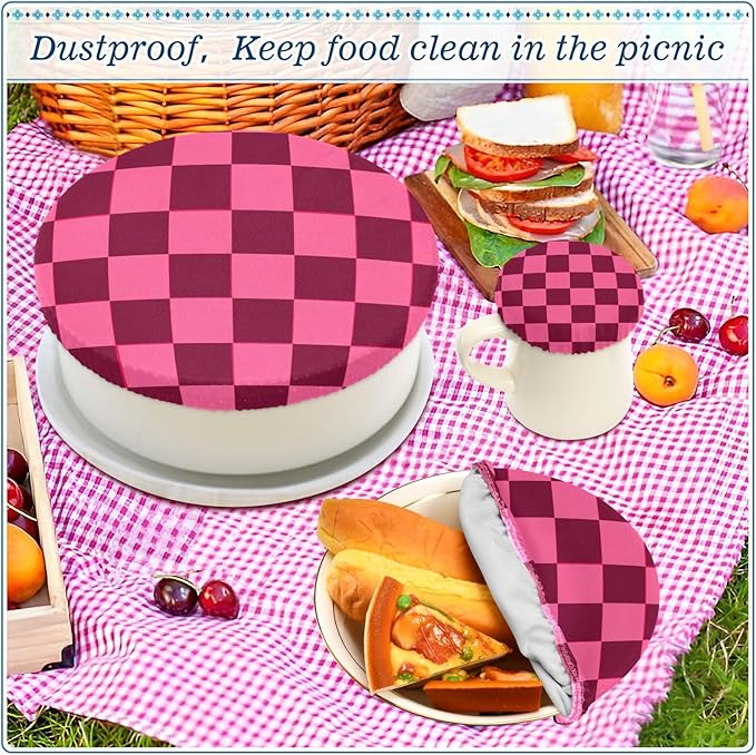 5 Pcs Bowl Covers Reusable in 5 Size Elastic Food Cover Cloth Lids Fresh Keeping Dish Cookware Bakeware Fabric Covers Lids for Food Leftovers Fruits Storage Checkered Hot Pink