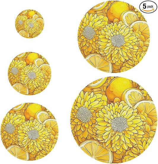 5 Pcs Bowl Covers Reusable in 5 Size Elastic Food Cover Cloth Lids Fresh Keeping Dish Cookware Bakeware Fabric Covers Lids for Food Leftovers Fruits Storage Cartoon Yellow Chrysanthemum Flo