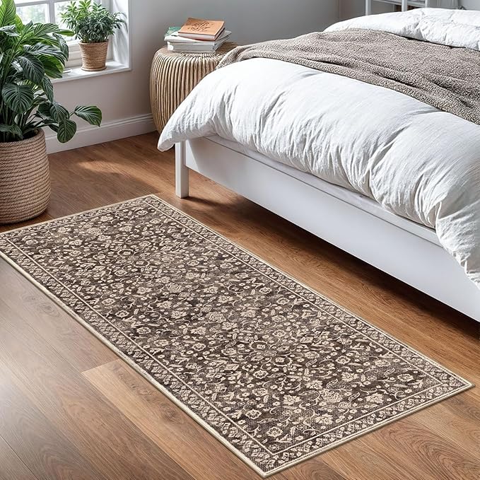 Vintage Washable 2x5 Rug Runner, Rust Brown Red Runners for hallways, Super Soft Kitchen Runner Rug Non Slip, Print Faux Wool Floral Thin Carpet Runner for Entryway Indoor Bedroom